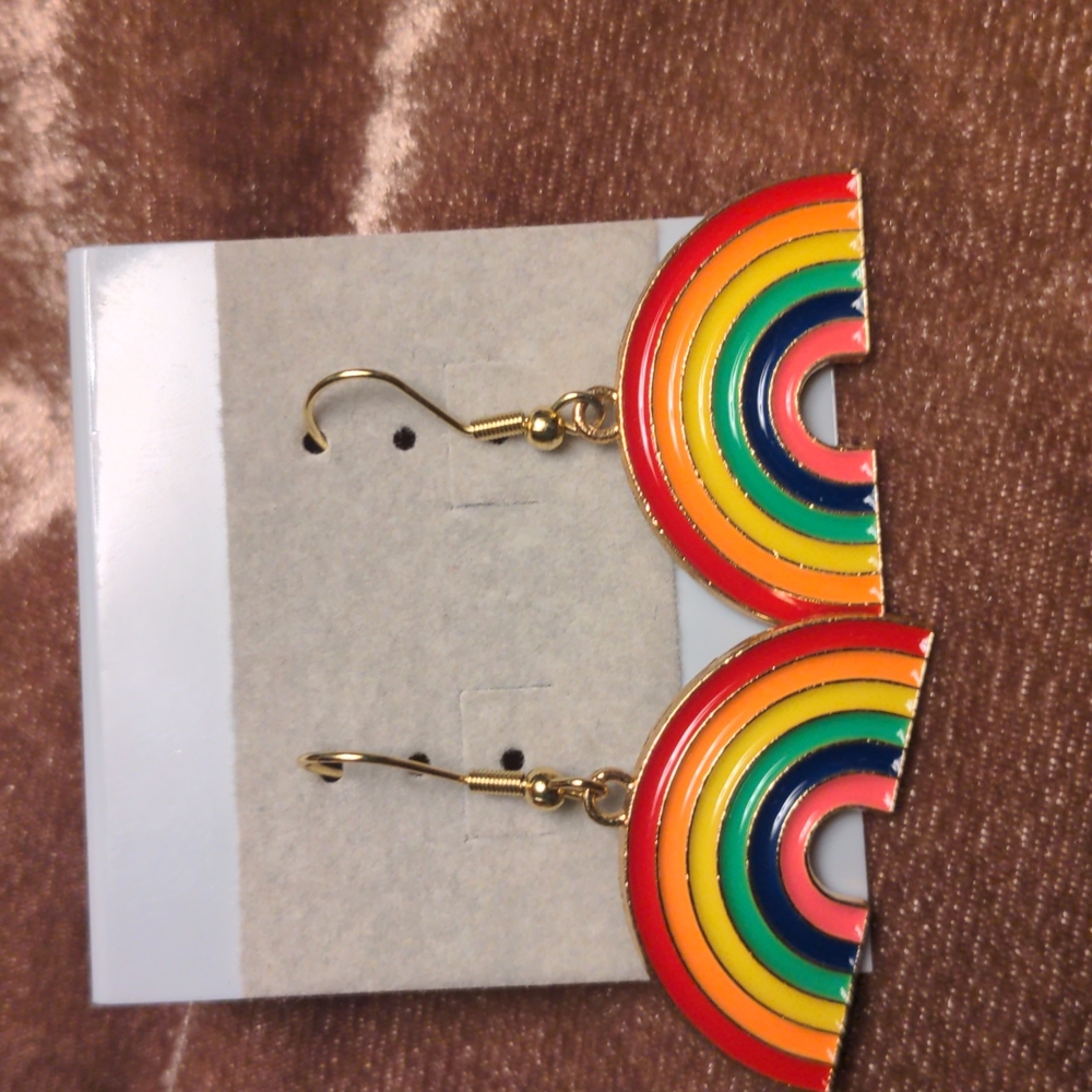 Rainbow Enamel Earrings, Gold tone, new